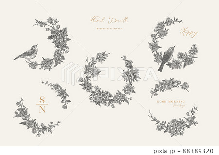 Floral wreaths and birds. Black. 88389320
