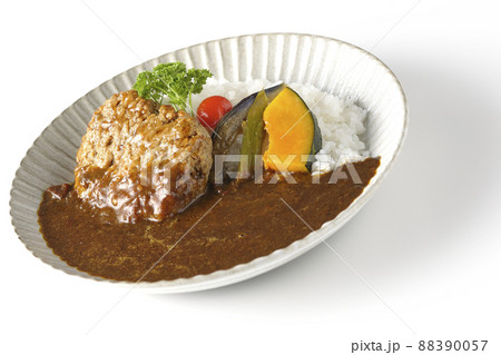 野菜の煮浸しとパセリ添えの粗びきハンバーグカレーを白背景で撮影 野菜の煮浸しとパセリ添えの粗びきハンバーグカレーを白背景で撮影 88390057