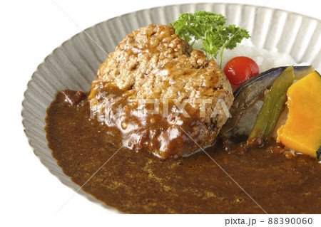 野菜の煮浸しとパセリ添えの粗びきハンバーグカレーを白背景で撮影 野菜の煮浸しとパセリ添えの粗びきハンバーグカレーを白背景で撮影 88390060