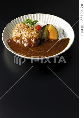 野菜の煮浸しとパセリ添えの粗びきハンバーグカレーを黒背景で撮影 野菜の煮浸しとパセリ添えの粗びきハンバーグカレーを黒背景で撮影 88390120