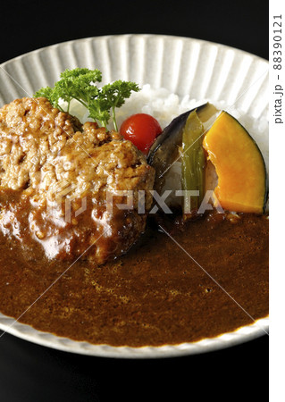 野菜の煮浸しとパセリ添えの粗びきハンバーグカレーを黒背景で撮影 野菜の煮浸しとパセリ添えの粗びきハンバーグカレーを黒背景で撮影 88390121
