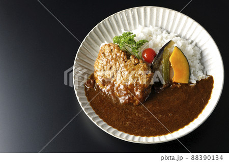 野菜の煮浸しとパセリ添えの粗びきハンバーグカレーを黒背景で俯瞰撮影 88390134