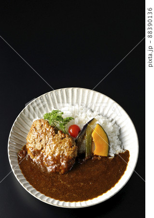 野菜の煮浸しとパセリ添えの粗びきハンバーグカレーを黒背景で俯瞰撮影 88390136