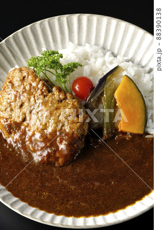 野菜の煮浸しとパセリ添えの粗びきハンバーグカレーを黒背景で俯瞰撮影 88390138