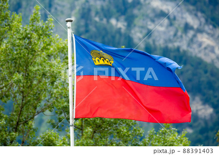 Liechtenstein flag waving on mountain background 88391403