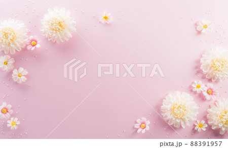 Happy mother's Day decoration concept made from flower and picture frame on pink pastel background. Happy mother's Day decoration concept made from flower and picture frame on pink pastel background. 88391957