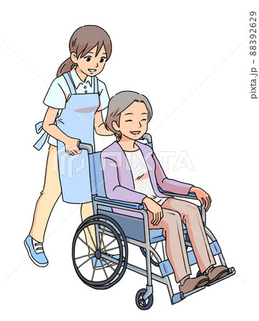 車いすを押す女性介護士のイラストのイラスト素材 2629