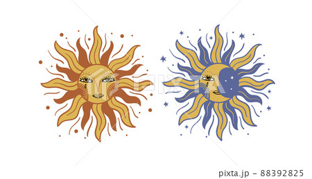 Sun and moon with face and rays, vintage engraving stylization, Slavic design. Boho tattoo, heavenly mystical symbol for tarot, astrology, fortune telling. Full color vector print, flat illustration. 88392825