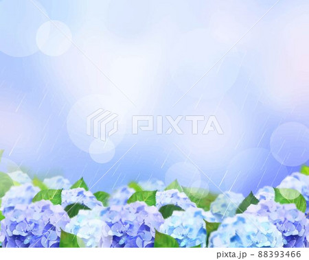 梅雨の時期に雨の降る中で咲く美しい薄紫色のあじさいと葉っぱの幻想的なボケの背景イラスト素材 88393466