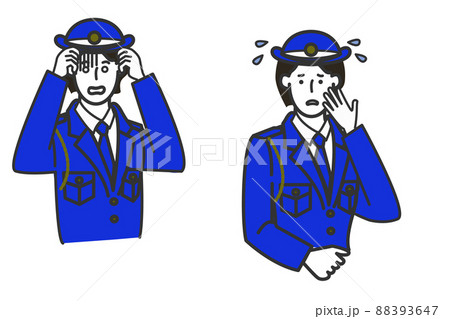 ボブヘアーの警察官の制服を着た穏やかそうな女性警察官の表情のバリエーションセットの白バックのシンプル 88393647