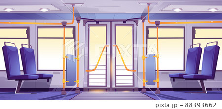 Empty bus interior with seats and handrails Empty bus interior with seats and handrails 88393662