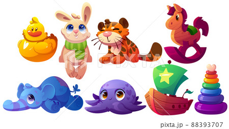 Kids toys, wooden ship, plush animals, pyramid Kids toys, wooden ship, plush animals, pyramid 88393707