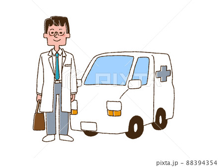 車で往診に向かう医者(男性)コミカルな手書きの人物 ベクター、線画にカラー 車で往診に向かう医者(男性)コミカルな手書きの人物 ベクター、線画にカラー 88394354