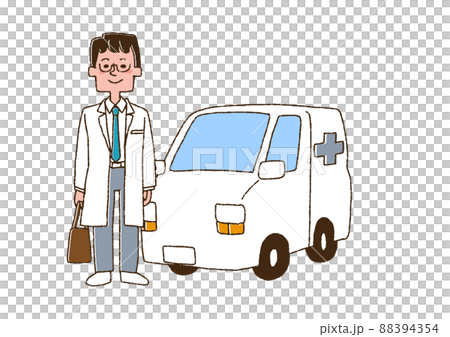車で往診に向かう医者(男性)コミカルな手書きの人物 ベクター、線画にカラー 車で往診に向かう医者(男性)コミカルな手書きの人物 ベクター、線画にカラー 88394354