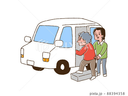 デイサービスの迎車に乗るおばあさんと介助する介護士 コミカルな手書きの人物 ベクター、線画にカラー デイサービスの迎車に乗るおばあさんと介助する介護士 コミカルな手書きの人物 ベクター、線画にカラー 88394358