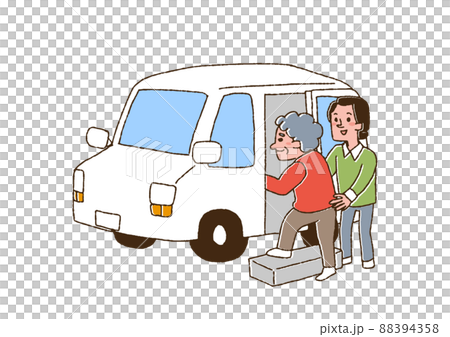 デイサービスの迎車に乗るおばあさんと介助する介護士 コミカルな手書きの人物 ベクター、線画にカラー デイサービスの迎車に乗るおばあさんと介助する介護士 コミカルな手書きの人物 ベクター、線画にカラー 88394358
