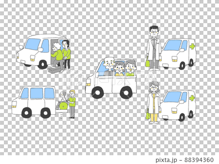 デイサービスや往診など老人介護に関する車のセット コミカルな手書きの人物 ベクター、線画にカラー デイサービスや往診など老人介護に関する車のセット コミカルな手書きの人物 ベクター、線画にカラー 88394360