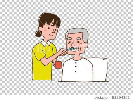 Caregiver assisting in brushing teeth Comical handwritten person Vector, color on line drawing 88394361