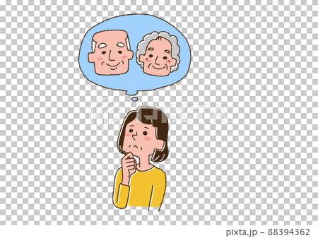 Middle-aged woman thinking about caring for her elderly parents Comical handwritten person Vector, line drawing and color 88394362