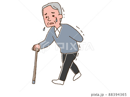 体が弱って歩くのが辛いお年寄り（男性）コミカルな手書きの人物　ベクター、線画にカラー 88394365