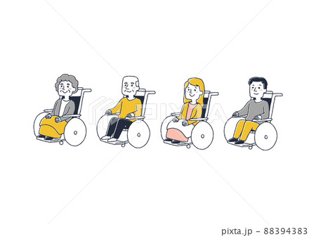 車椅子に乗った人物セット コミカルな手書きの人物 ベクター 線画にカラーのイラスト素材 43