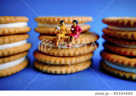 ビスケットに座るミニチュアの女性 ビスケットに座るミニチュアの女性 88394889