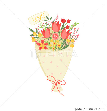 Wrapped Bouquet of Blooming Flowers as Gift for Valentines Day Vector Illustration Wrapped Bouquet of Blooming Flowers as Gift for Valentines Day Vector Illustration 88395452