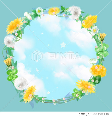 アナログ風たんぽぽとシロツメクサとクローバーの花冠と青空と雲