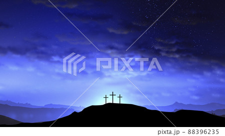 Three crosses on the hill with clouds moving on the blue starry sky Three crosses on the hill with clouds moving on the blue starry sky 88396235