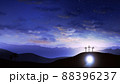 Three crosses on the hill and Jesus tomb with clouds moving on BLUE 88396237