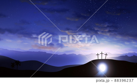 Three crosses on the hill and Jesus tomb with clouds moving on BLUE Three crosses on the hill and Jesus tomb with clouds moving on BLUE 88396237