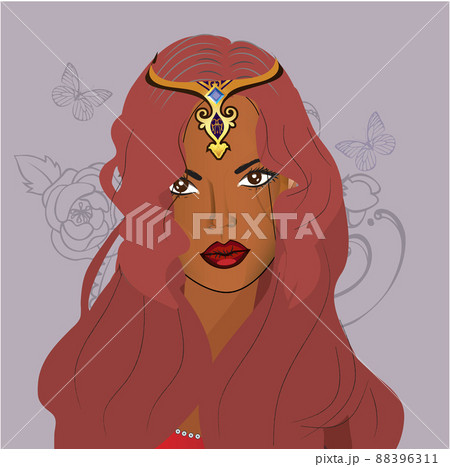 Beautiful oriental girl with a diadem and red hair on a colored background Beautiful oriental girl with a diadem and red hair on a colored background 88396311