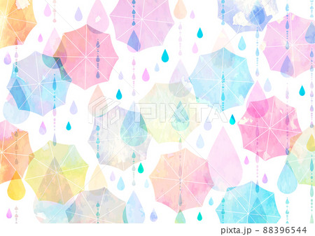 水彩風雨脚と傘のカラフル梅雨イメージ背景ヨコ 88396544