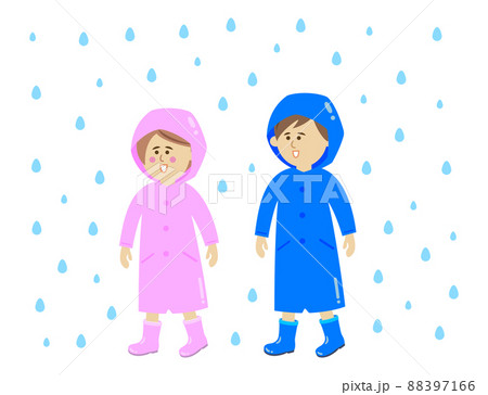 レインコートを着た男の子と女の子のイラストイメージ レインコートを着た男の子と女の子のイラストイメージ 88397166