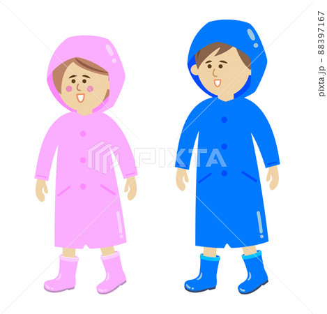 レインコートを着た男の子と女の子のイラストイメージ レインコートを着た男の子と女の子のイラストイメージ 88397167