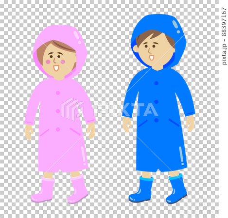 レインコートを着た男の子と女の子のイラストイメージ レインコートを着た男の子と女の子のイラストイメージ 88397167