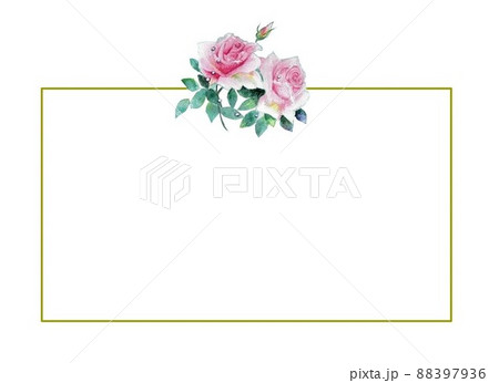 水彩画 バラの花二輪フレーム 白抜きのイラスト素材 7936
