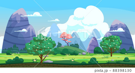 Fantasy landscape, green hills, trees, spring, mountains, panorama. Vector cartoon background illustration 88398130