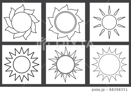 Sun outline set. Line art icons of different sun shape. Vector illustration isolated on white Sun outline set. Line art icons of different sun shape. Vector illustration isolated on white 88398351