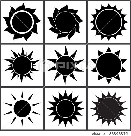 Sun silhouette set. Black icons of different sun shape. Vector illustration isolated on white 88398356