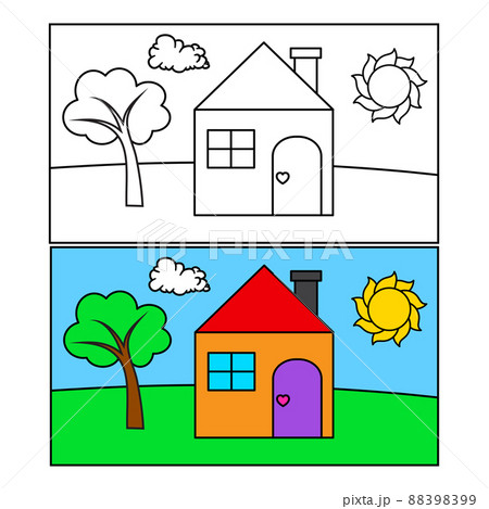 Kid drawing with house sun and tree. Vector illustration in child style. Coloring book, pages 88398399