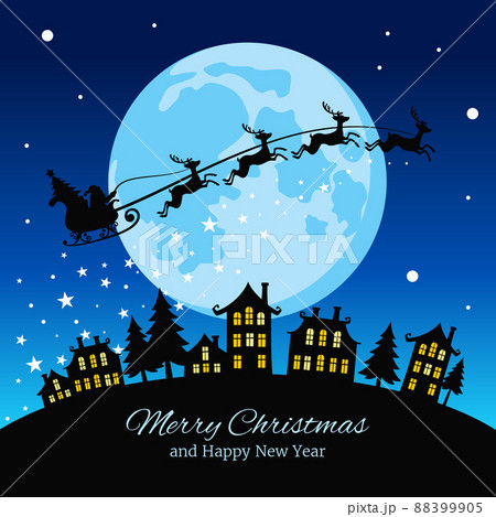Christmas greeting card with santa and deers flying sky over city illustration Christmas greeting card with santa and deers flying sky over city illustration 88399905