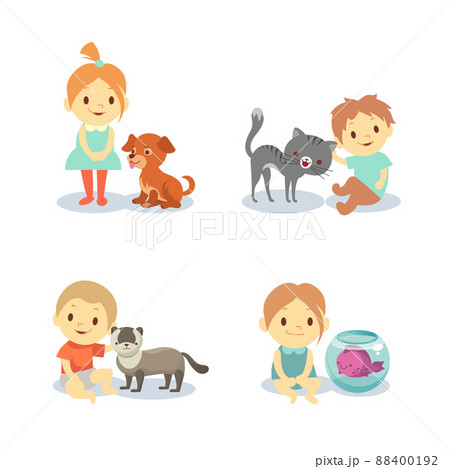 Kids and pets isolated on white background - boys and girls with animals 88400192