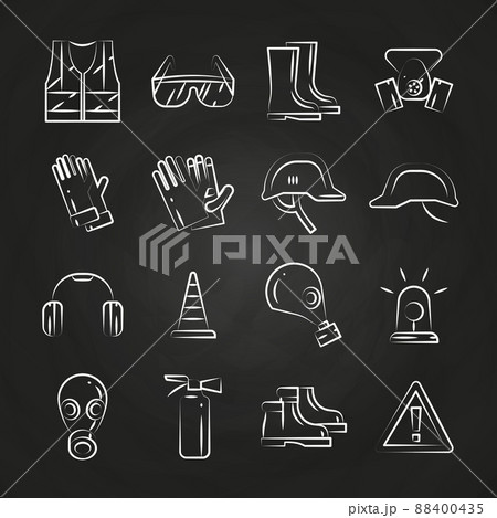 Personal protective equipment thin line icons on chalkboard design Personal protective equipment thin line icons on chalkboard design 88400435