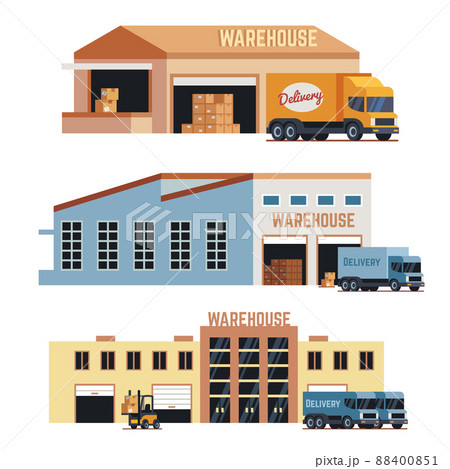 Warehouse building, industrial construction and factory storage icons 88400851
