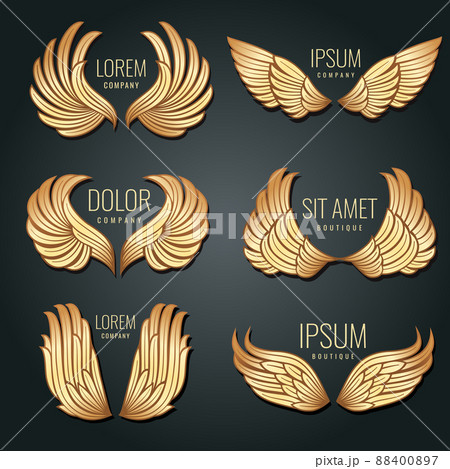 Golden wing logo set. Angels and bird elite gold labels for corporate identity design Golden wing logo set. Angels and bird elite gold labels for corporate identity design 88400897