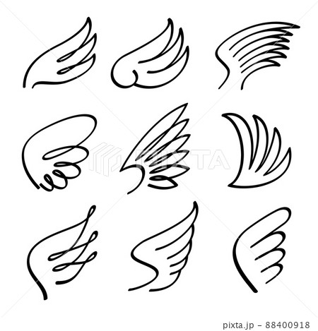 Cartoon angel wings set. Sketch doodle winged abstract emblems isolated on white background 88400918