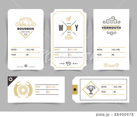 Vintage alcoholic drinks bottle labels and price tags in line art style Vintage alcoholic drinks bottle labels and price tags in line art style 88400978