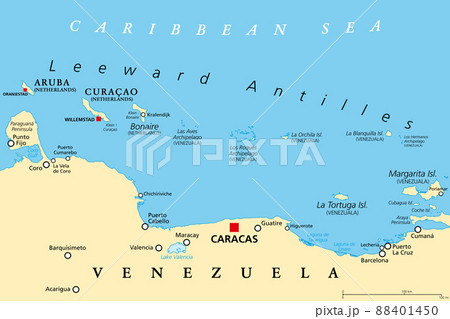 Leeward Antilles political map. Chain of islands in the Caribbean. From Aruba, Curacao and Bonaire to La Tortuga and Margarite Island. Southerly islands of Lesser Antilles, north the Venezuelan coast. 88401450