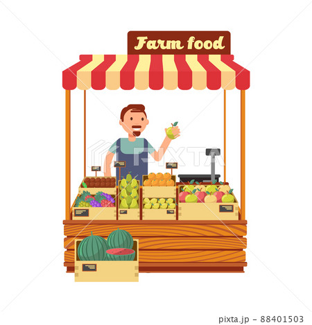 Fruit and vegetable market shop stand with happy young farmer character flat illustration 88401503